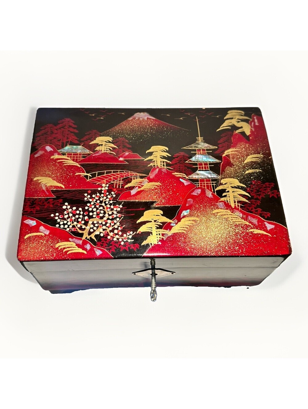 Vintage Japanese Black Red Lacquered Musical Jewelry Box Fuji Mt Mother of Pearl